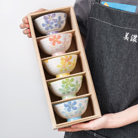 美浓烧 日本进口五彩樱花饭碗日式陶瓷餐具套装家用小碗礼盒装送礼 五彩樱花碗5入木