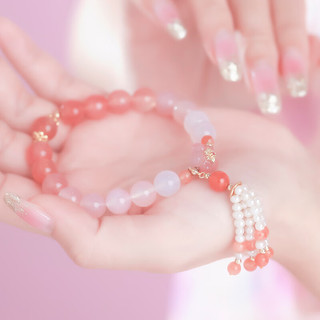千叶珠宝 合金珍珠玛瑙手串 粉色玛瑙桃花朵朵少女风手饰 合金珍珠玛瑙手串 链长约16cm