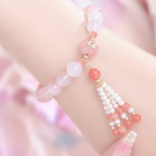 千叶珠宝 合金珍珠玛瑙手串 粉色玛瑙桃花朵朵少女风手饰 合金珍珠玛瑙手串 链长约16cm
