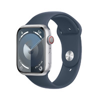 Apple Watch Series 9 智能手表45毫米银色铝金属表壳风暴蓝色运动型表带S/M 电话手表【蜂窝款】iWatch s9