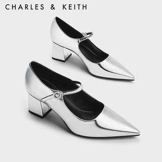 CHARLES&KEITH23冬季CK1-61720163时尚尖头一字带高跟玛丽珍鞋 Silver银色 36