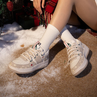 KAPPA圣诞小花板鞋系列 冬季加绒保暖棉鞋休闲运动鞋子女 经典白/冷灰色 37