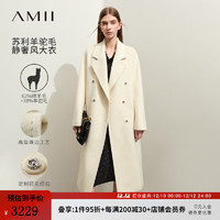 AMII 2023冬翻驳领羊驼毛绵羊毛呢外套女配腰带双排扣大衣外套 雪山白 155/80A/S