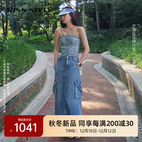 MISS SIXTY天丝牛仔半身裙女美式辣妹复古工装风开衩 中蓝 S