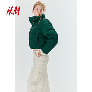 H&M 女装棉服梭织立领短款时尚休闲外套1161620 深绿色 155/80A