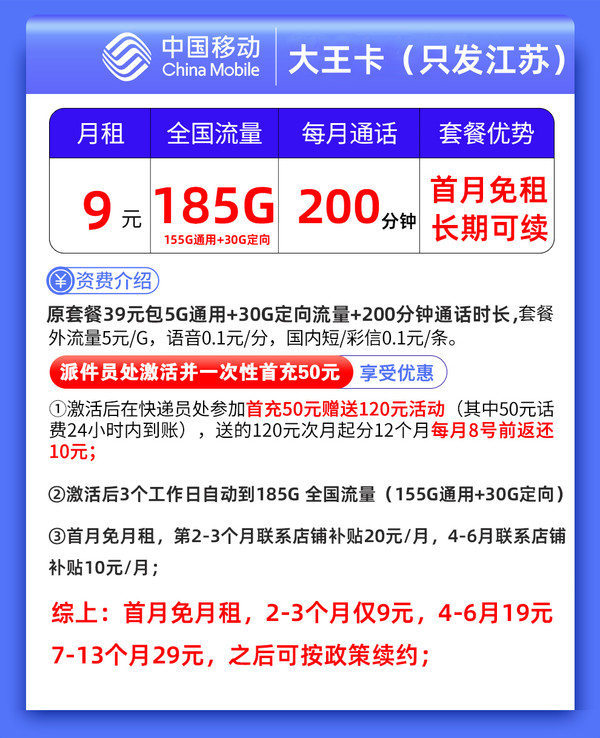 China Mobile 中国移动 大王卡 9元月租（185G全国流量+200分钟通话+只发江苏）激活送20元E卡