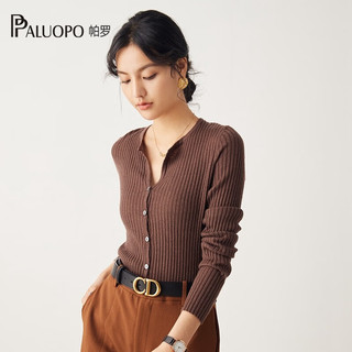 帕罗（PALUOPO）毛衣坑条纹女士针织衫开衫半开领100%绵羊毛鸡心外搭保暖上衣 深咖 100/M