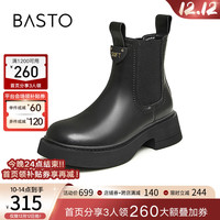 百思图时尚简约休闲烟筒靴粗跟女短靴LD919DD3 黑色 34