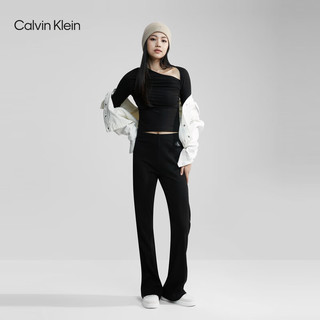 Calvin Klein  Jeans24春季女士时尚性感斜V领露锁骨刺绣长袖T恤J222956 BEH-太空黑 S