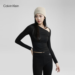 Calvin Klein  Jeans24春季女士时尚性感斜V领露锁骨刺绣长袖T恤J222956 BEH-太空黑 XS