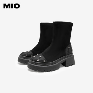 MIO米奥冬季弹力靴圆头高跟个性钉饰显高厚底时尚袜靴女靴
