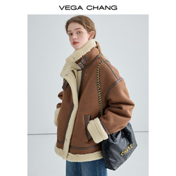 VEGA CHANG 皮毛一体短外套女2023冬新款加绒机车风大衣oversize 焦糖棕