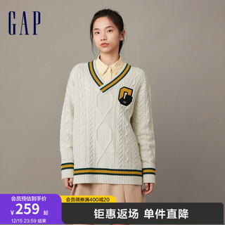 Gap女装冬季2023LOGO学院风V领针织衫836248时尚宽松休闲毛衣 白色 160/80A(S)亚洲尺码