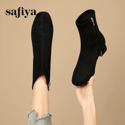 SAFIYA 索菲娅 法式瘦瘦靴加绒短靴女2023新款秋冬复古粗跟时装绒面弹力靴