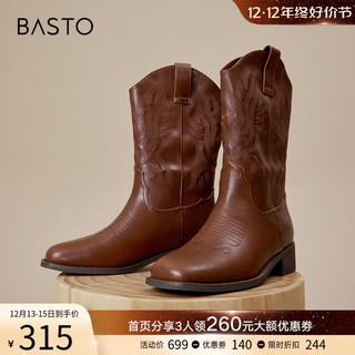 BASTO 百思图 23冬季新款复古港风西部骑士靴机车靴粗跟女中筒靴MDA51DZ3