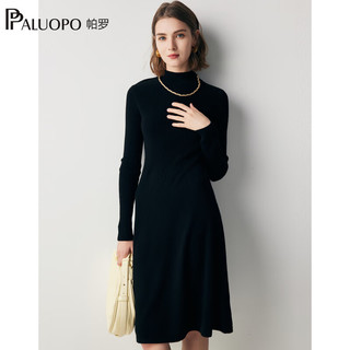 帕罗（PALUOPO）100%山羊绒女士坑条提花针织连衣裙中长款淑女优雅A字裙 23077 黑 L