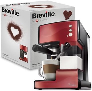 Breville 铂富 PrimaLatte 意式咖啡机 VCF046X 带有15Bar意大利泵，适用于咖啡粉或咖啡包，一体式自动奶泡器，金属/红色
