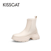 KISSCAT 接吻猫 女靴2023秋冬新款加绒厚底烟筒靴增高切尔西靴女KA43552-50 米白色 牛皮革 36