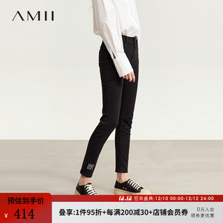 AMII百搭修身显瘦绣花棉质牛仔裤长裤女黑色休闲裤子 黑色 155/64A/S