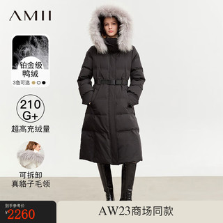 AMII2023冬貉子毛领可拆卸帽子配腰带羽绒服女长款外套上衣 黑色 155/80A/S