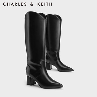 CHARLES&KEITH23冬季时尚V口高跟尖头长靴骑士靴女CK1-90280057 Black Box黑色 35