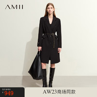 AMII通勤翻驳领配链条腰带长款外套女布标装饰宽松上衣 黑色 155/80A/S