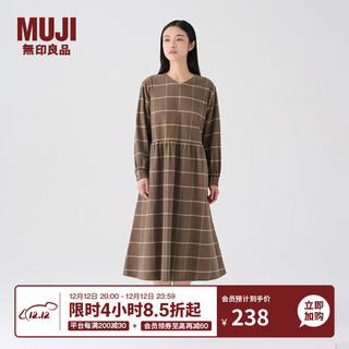 无印良品（MUJI）女式 法兰绒抽褶连衣裙 美拉德纯棉起毛宽松长裙子秋冬 BC08CC3A 褪色米色格纹 XL 165/92A