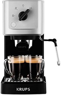 Krups 克鲁伯 CALVI 蒸汽&泵 意式咖啡机 XP3440 XP344010，不锈钢材质，1L，原汁原味的意式浓缩(Espresso) 配备有至为集约化的意式咖啡过滤器，黑色/银色