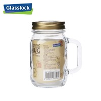 Glasslock玻璃复古饮料杯子女韩国清新可爱家用玻璃茶杯带盖 金色-带手柄500ml