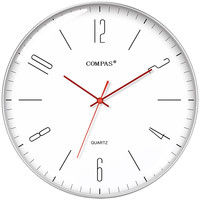 康巴丝（COMPAS）挂钟 创意简约钟表客厅石英钟表挂墙卧室时钟薄边挂表 C3219C 银边红针35cm