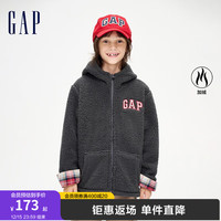 Gap男女童冬季2023LOGO仿羊羔绒保暖卫衣836797儿童装连帽衫 黑灰色 120cm(XS)亚洲尺码