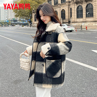 鸭鸭（YAYA）羽绒服女中长款冬季时尚撞色复古加厚保暖毛呢外套XB 黑白格色 155/80A(S)