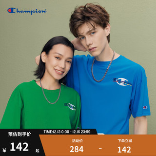 Champion 冠军2023春夏新款刺绣组合草写 LOGO圆领T恤运动男女情侣款 蓝色 XL