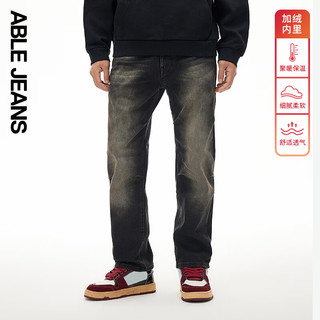 ABLE JEANS 【直筒滑板裤】冬季男士宽松直筒绒里质感牛仔裤 【高弹】烟灰黑-加绒款 27/32