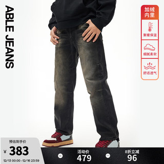 ABLE JEANS 【直筒滑板裤】冬季男士宽松直筒绒里质感牛仔裤 【高弹】烟灰黑-加绒款 27/32