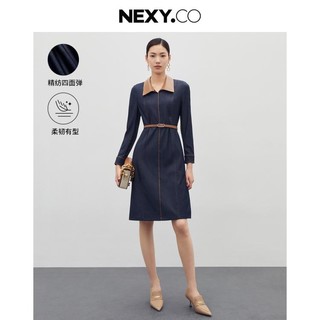 NEXY.CO 奈蔻 2023早秋新款商场同款翻领连衣裙女设计感显瘦直筒裙