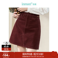 茵曼（INMAN）复古经典灯芯绒刺绣短裙女装高腰小A摆半身裙18332083 深咖红 M