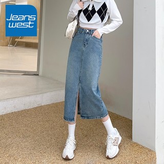 JEANSWEST 真维斯 开叉牛仔半身裙女冬季水洗柔软中长款高腰a字裙复古蓝L