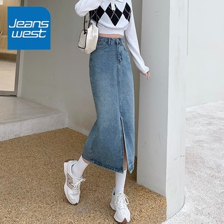 JEANSWEST 真维斯 开叉牛仔半身裙女冬季水洗柔软中长款高腰a字裙复古蓝L