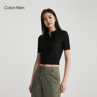 Calvin Klein Jeans24春季女士简约方标网格状POLO领短袖针织衫J222971 BEH-太空黑 S