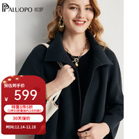 帕罗（PALUOPO）双面大衣100%羊毛大衣系带过膝女装简约毛呢大衣保暖外套 黑色 XL/175