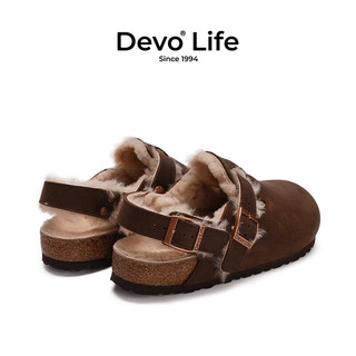 Devo 的沃 Life的沃软木拖鞋包头半包加绒加毛外穿冬季女鞋23007 深棕油蜡皮+沃黄毛