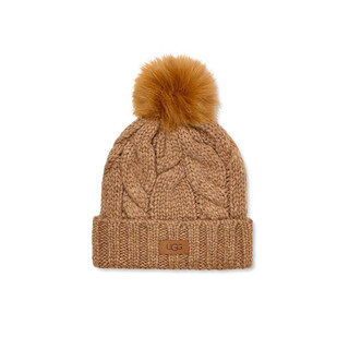 UGG冬季女士舒适保暖毛球针织帽毛线帽麻花纹帽 22589 CAM  驼色