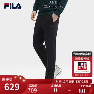 FILA 斐乐 男士针织长裤2024春季基础时尚加绒直口休闲裤 正黑色-BK 165/76A/S