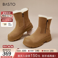 百思图商场同款简约休闲雪地靴厚底女中靴LD201DZ3 棕色 35