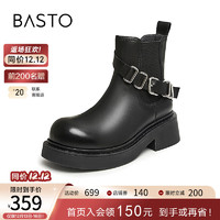 BASTO 百思图 23冬季商场同款简约休闲烟筒靴粗跟女短靴靴IDT81DD3 黑色 35