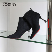 JOSINY 卓诗尼 女靴时尚尖头高跟时装靴短靴短筒细跟气质显瘦拉链靴子 黑色 36