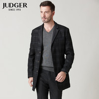 庄吉（Judger）冬季男士格子中长款羊毛大衣 商务休闲毛呢外套 黑色 165/88A