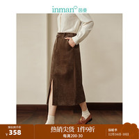 茵曼（INMAN）复古咖色直筒开衩半身裙女装美拉德高腰显瘦百搭裙子 咖色 M