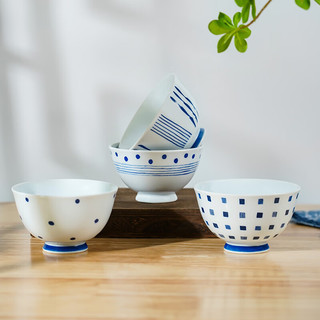 美浓烧（Mino Yaki）日本手绘粗陶陶瓷米饭碗家用日式釉下彩餐具唐草小碗 小丸圈彩4.5英寸高脚碗